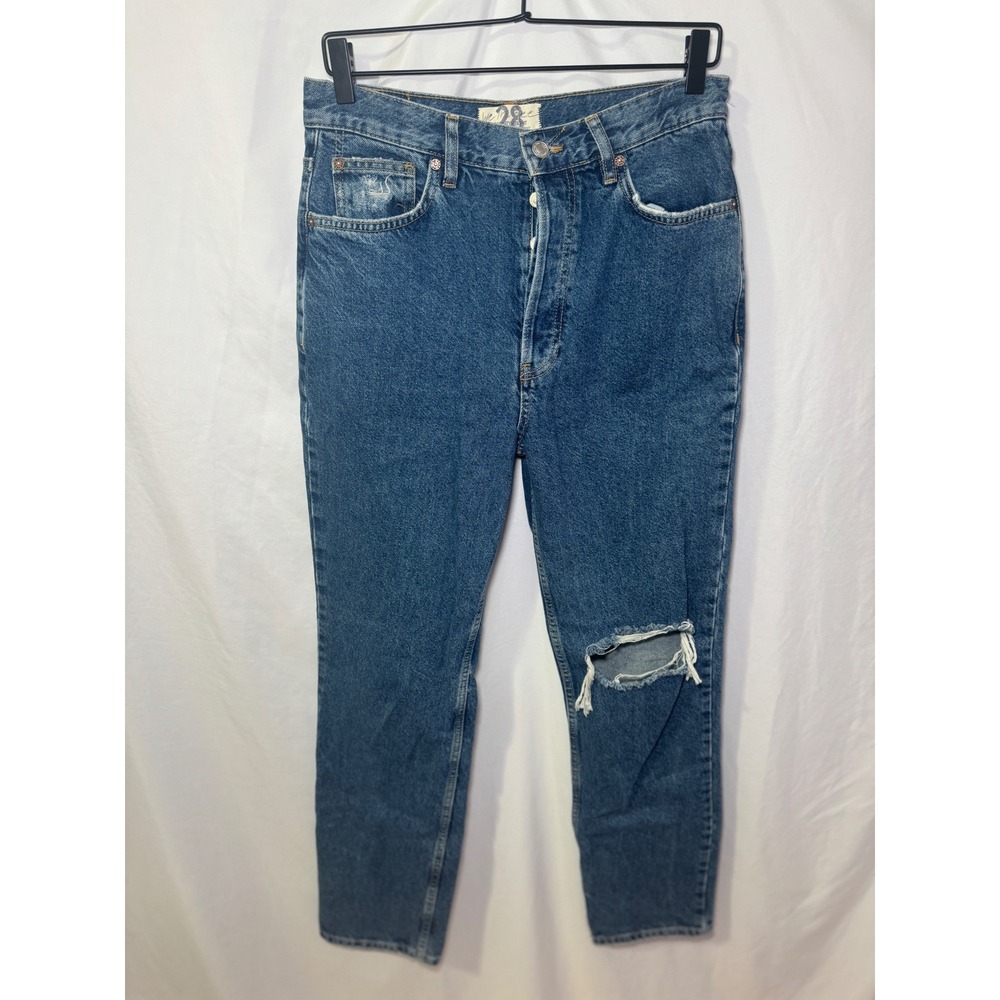We The Free People Straight Leg Jeans 28 Medium Wash High Rise Distressed Boho